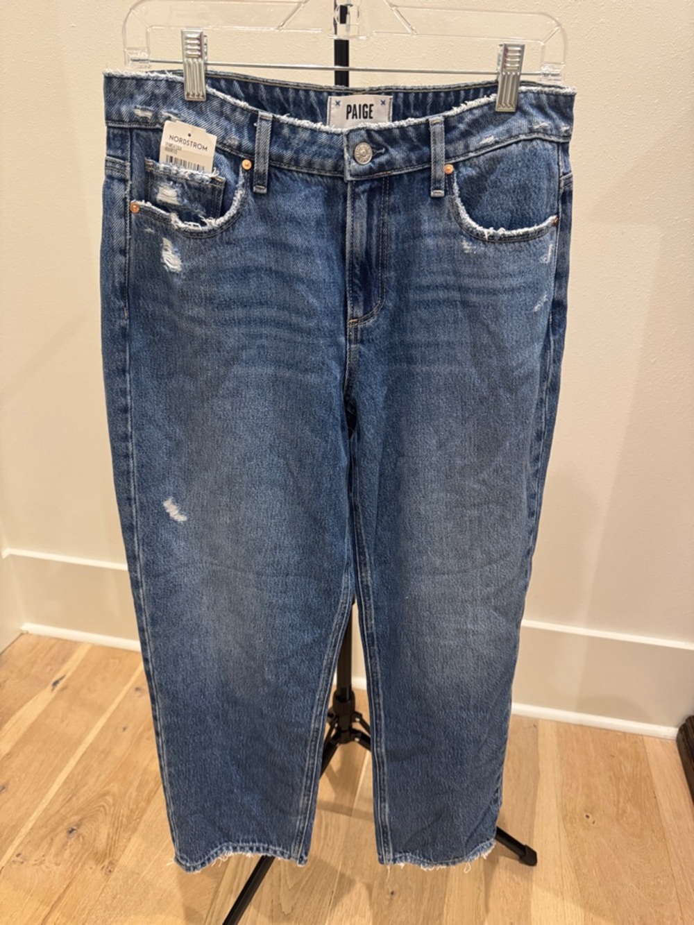 PAIGE Women's Medium Blue Boyfriend Jeans with Light Distressing